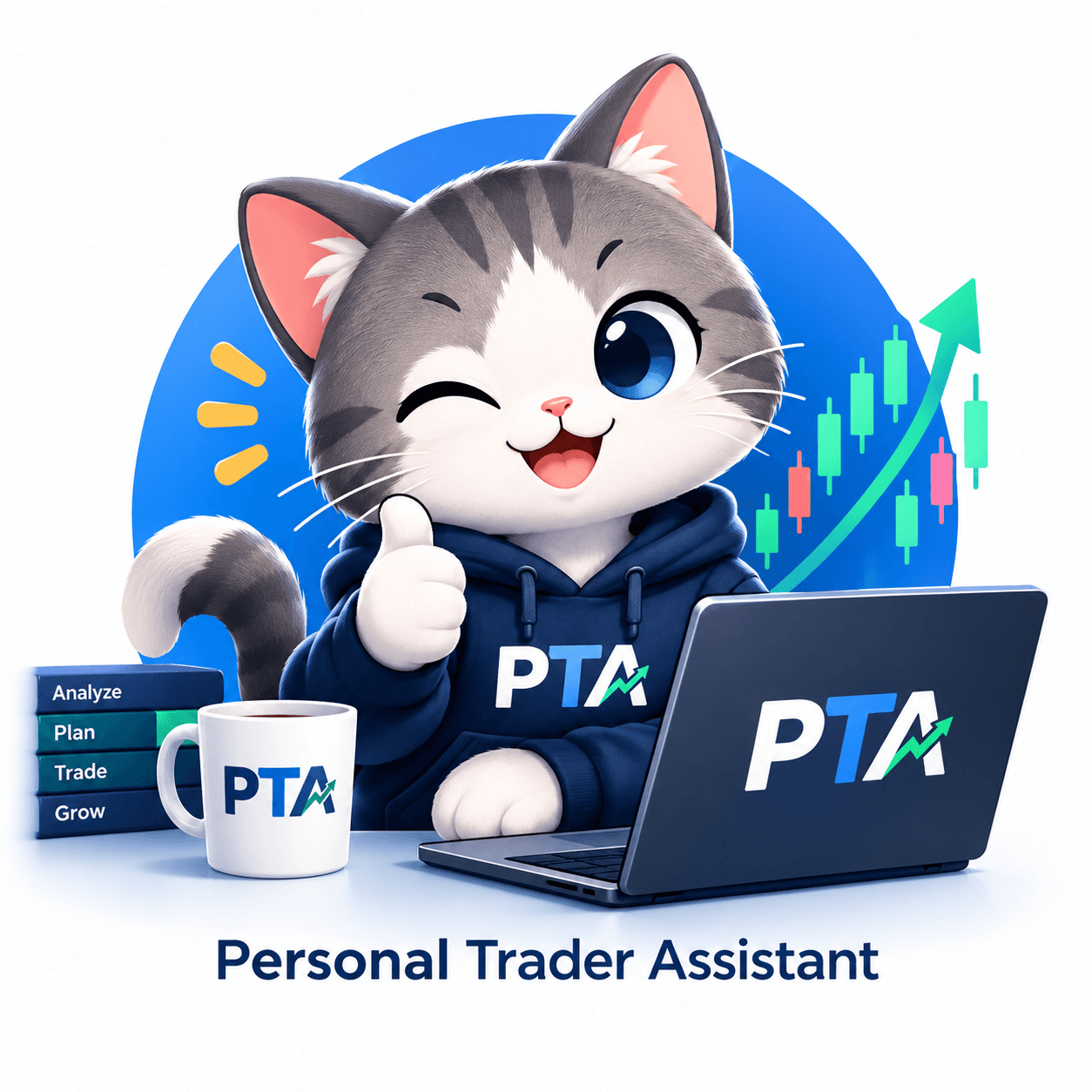 น้องแมว PTA ชูนิ้วโป้งข้างแล็ปท็อปที่มีกราฟราคาขาขึ้น